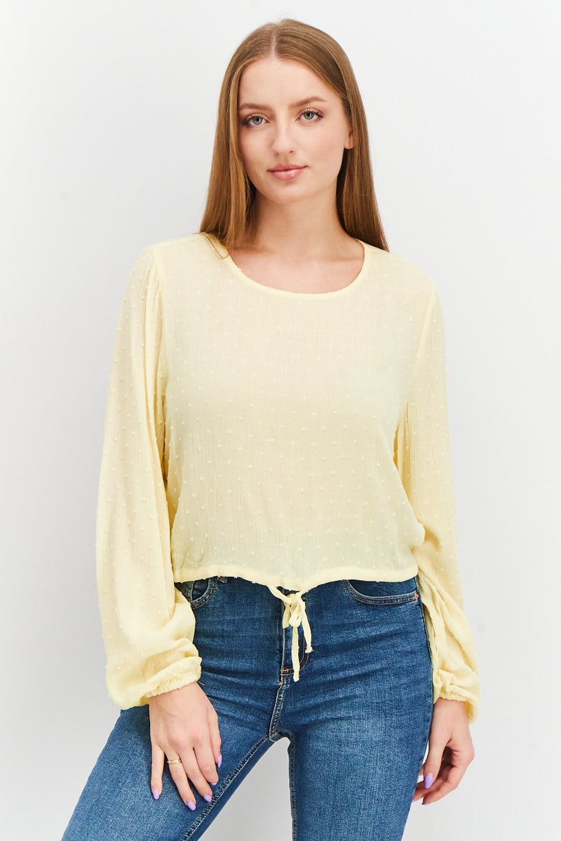 Sinsay Women Round Neck Long Sleeves Textured Tops, Yellow  - Image 1