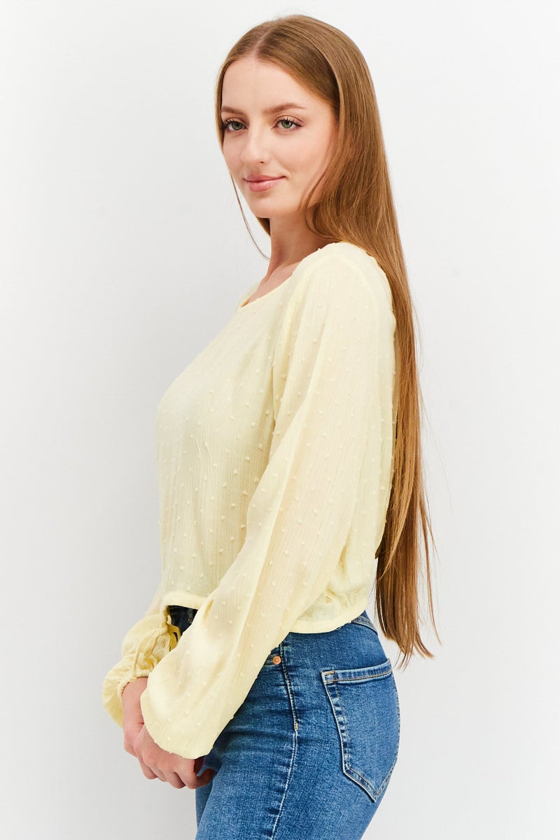 Sinsay Women Round Neck Long Sleeves Textured Tops, Yellow  - Image 2