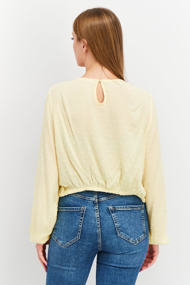 Sinsay Women Round Neck Long Sleeves Textured Tops, Yellow  - Image 4