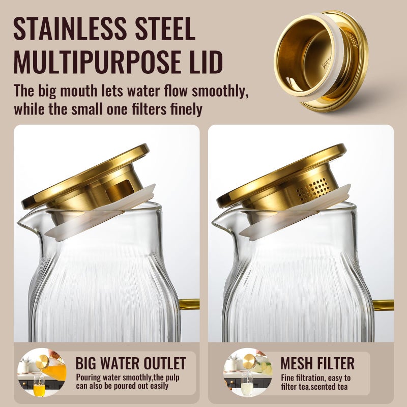 Snuvid 2 Liter/68 oz Square Glass Pitcher with Lid, Classic Stripes Water Pitchers with Handle for Fridge, Large Jug for Iced Tea, Coffee, Borosilicate Glass Carafe for Hot/Cold Brew Drink, Gold - Image 5