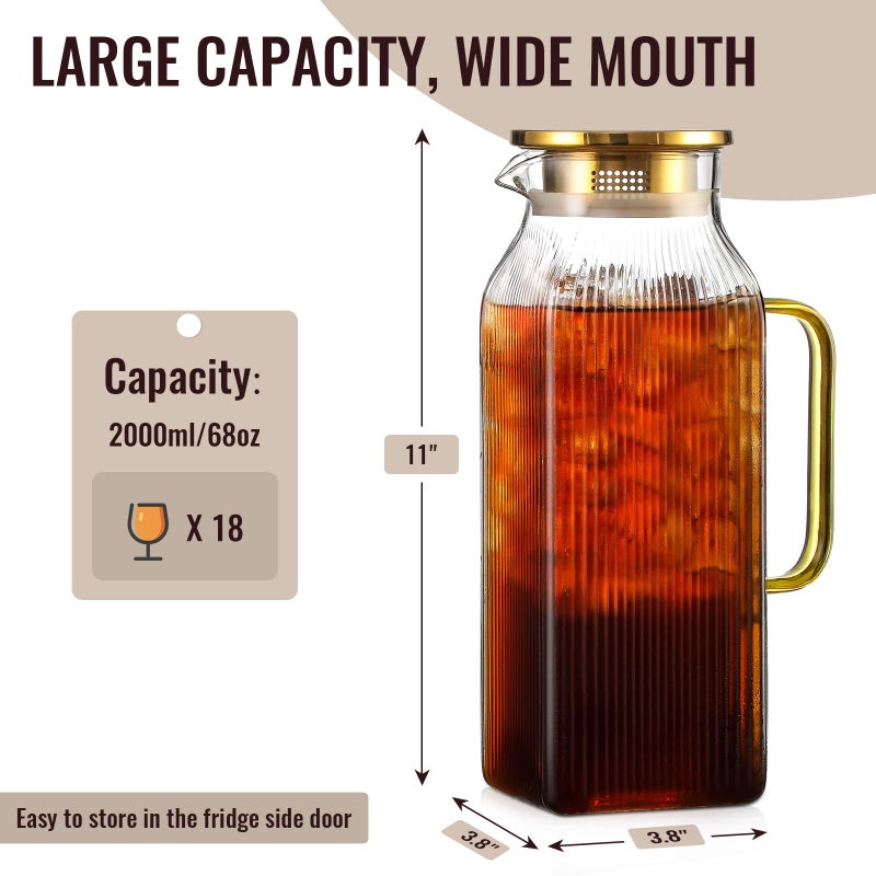 Snuvid 2 Liter/68 oz Square Glass Pitcher with Lid, Classic Stripes Water Pitchers with Handle for Fridge, Large Jug for Iced Tea, Coffee, Borosilicate Glass Carafe for Hot/Cold Brew Drink, Gold - Image 2