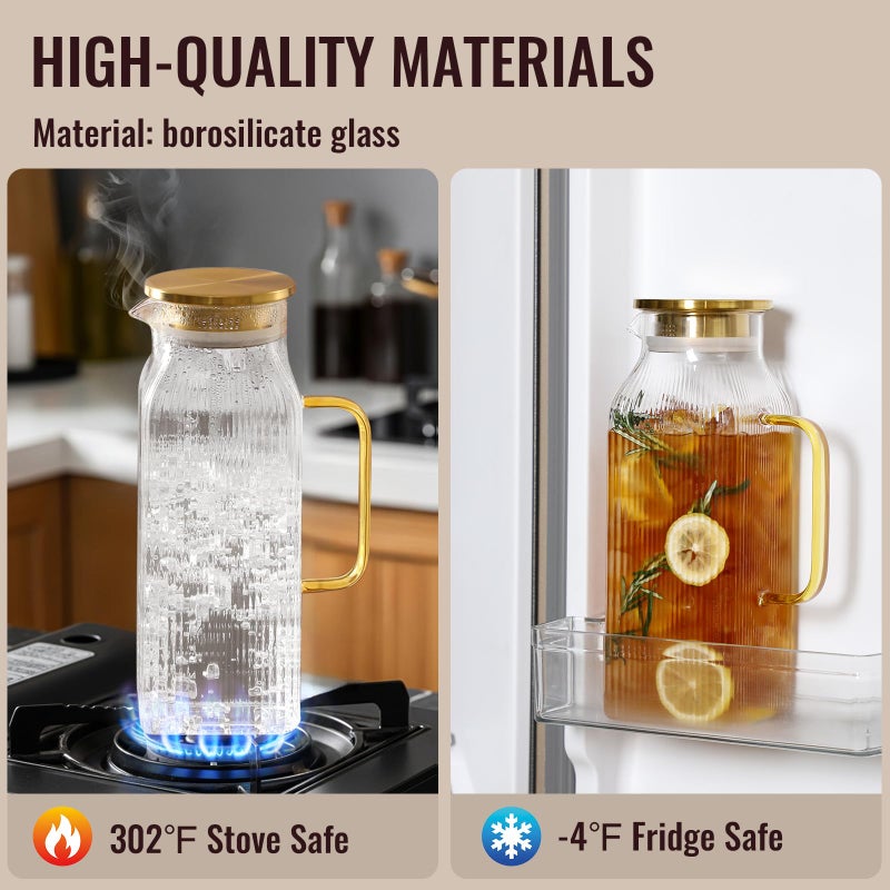 Snuvid 2 Liter/68 oz Square Glass Pitcher with Lid, Classic Stripes Water Pitchers with Handle for Fridge, Large Jug for Iced Tea, Coffee, Borosilicate Glass Carafe for Hot/Cold Brew Drink, Gold - Image 4