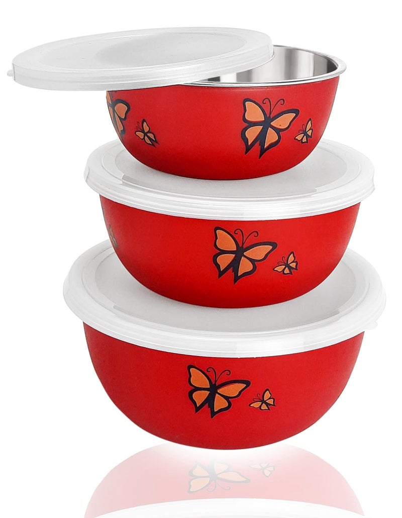 Zaib Microwave Safe Stainless Steel Food Storage Container with Lid | Euro Mixing Bowl Set for Kitchen | 500ml, 750ml, 1250ml | Pack of 3 (3 Red Butterfly) - Image 1