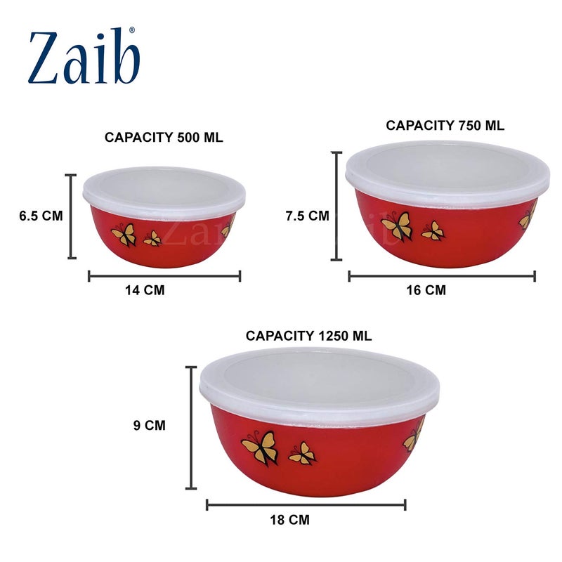 Zaib Microwave Safe Stainless Steel Food Storage Container with Lid | Euro Mixing Bowl Set for Kitchen | 500ml, 750ml, 1250ml | Pack of 3 (3 Red Butterfly) - Image 3