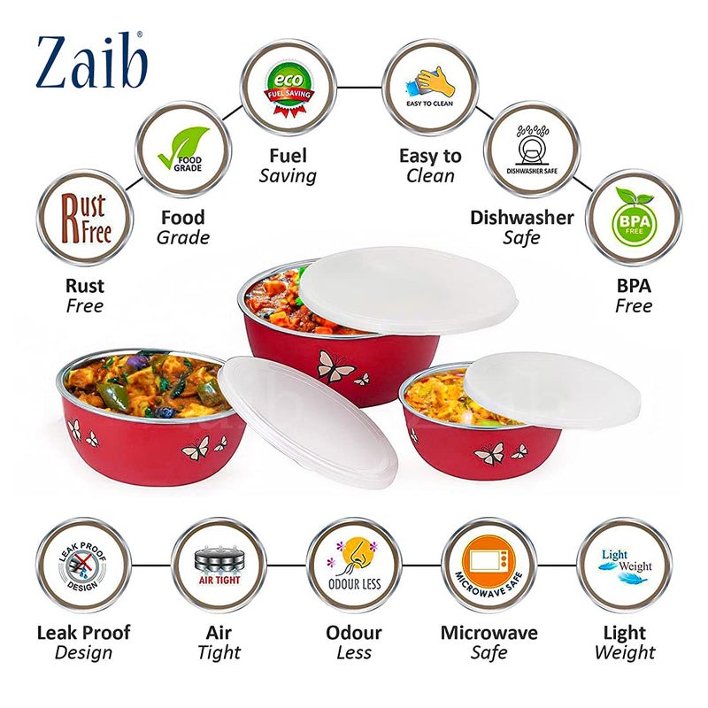 Zaib Microwave Safe Stainless Steel Food Storage Container with Lid | Euro Mixing Bowl Set for Kitchen | 500ml, 750ml, 1250ml | Pack of 3 (3 Red Butterfly) - Image 2