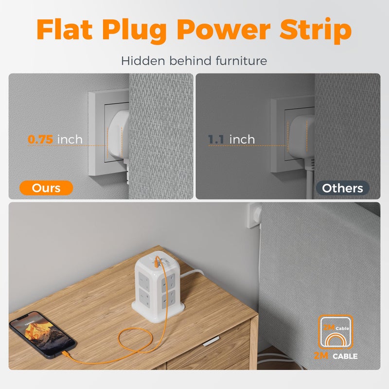 TESSAN 8 Way Tower Extension Lead 2M with 4 USB Slots (2 USB C) - Image 5