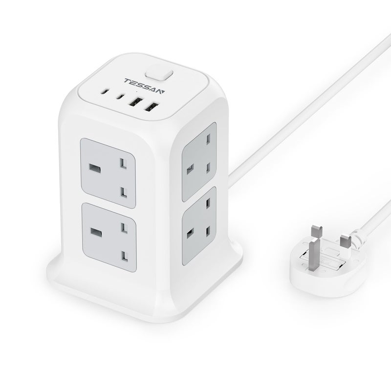 TESSAN 8 Way Tower Extension Lead 2M with 4 USB Slots (2 USB C) - Image 1