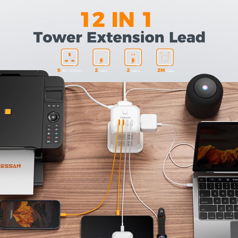 TESSAN 8 Way Tower Extension Lead 2M with 4 USB Slots (2 USB C) - Image 2
