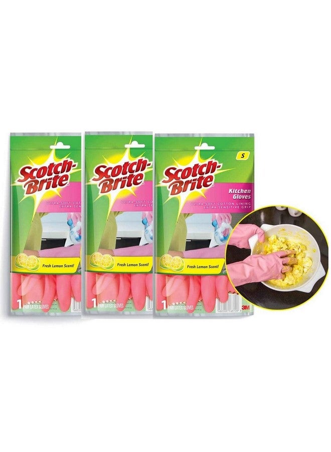 Scotch Brite Scotch-Brite Latex Kitchen Gloves (Pink, Small) - Pack of 3 Pairs - Image 1