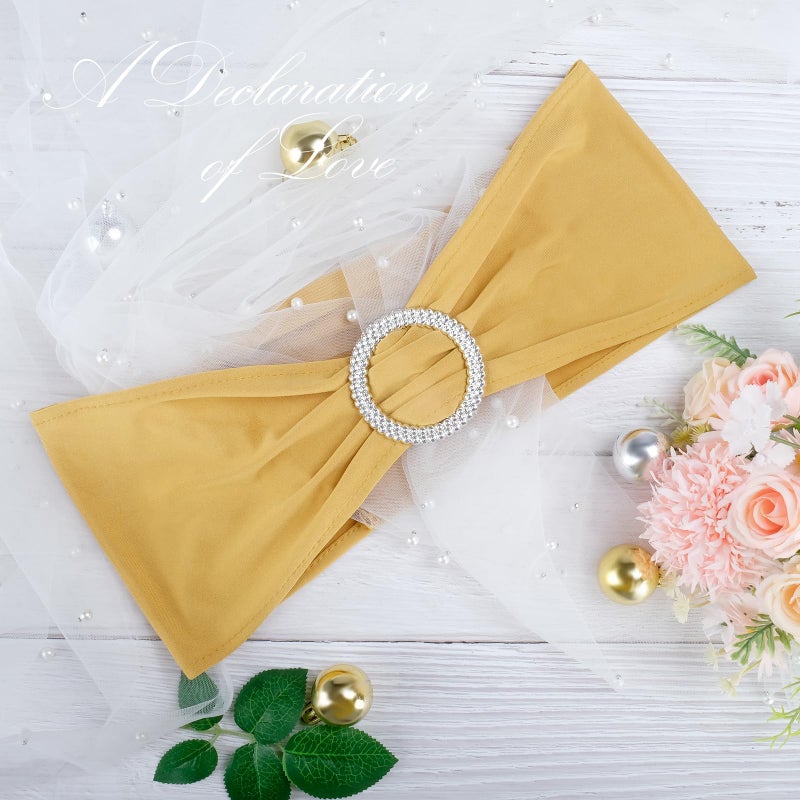 LEBENGURU كرسي Lebenguru Gold Spandex Sashes 50pcs أقواس كرسي ممتدة مع زخارف الحفلات الزفاف الزفاف - Image 3