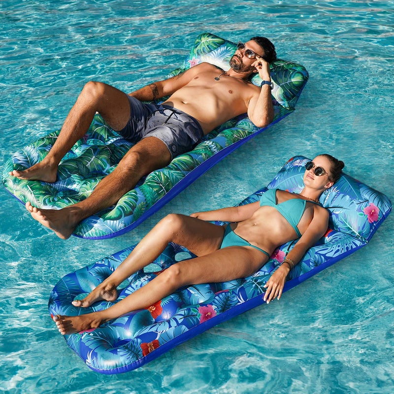 FindUWill Inflatable Pool Floats Raft, 2 Pack Pool Floats with Headrest for Adults, X-Large, Cooling Pool Floaties Contour Lounger (Monstera Green & Monstera Blue) - Image 2