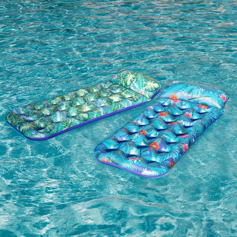 FindUWill Inflatable Pool Floats Raft, 2 Pack Pool Floats with Headrest for Adults, X-Large, Cooling Pool Floaties Contour Lounger (Monstera Green & Monstera Blue) - Image 3