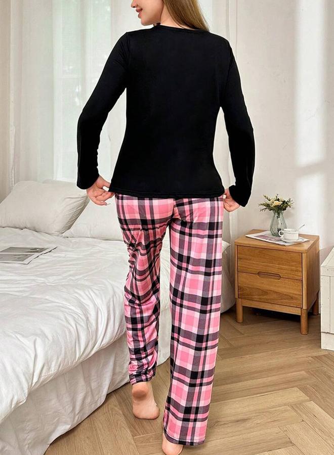 Take Two Bow Print Long Sleeve T-Shirt and Checked Pyjama Set - Image 3