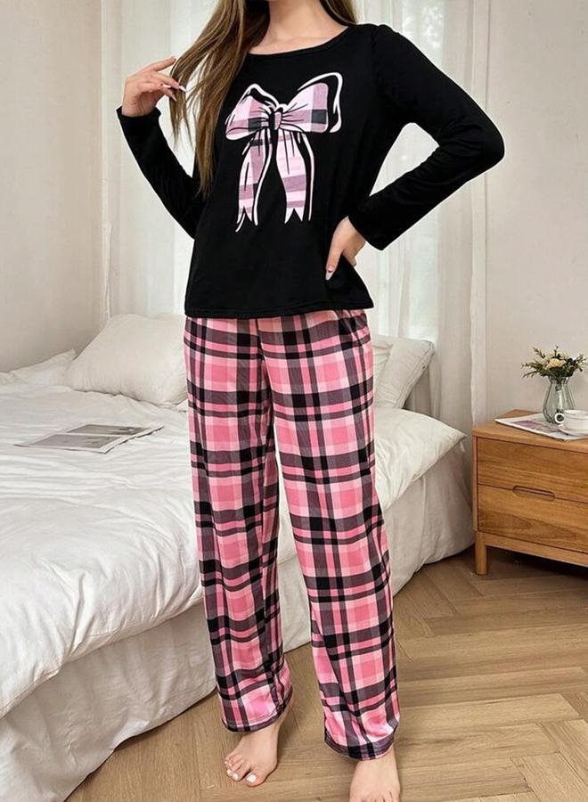 Take Two Bow Print Long Sleeve T-Shirt and Checked Pyjama Set - Image 2