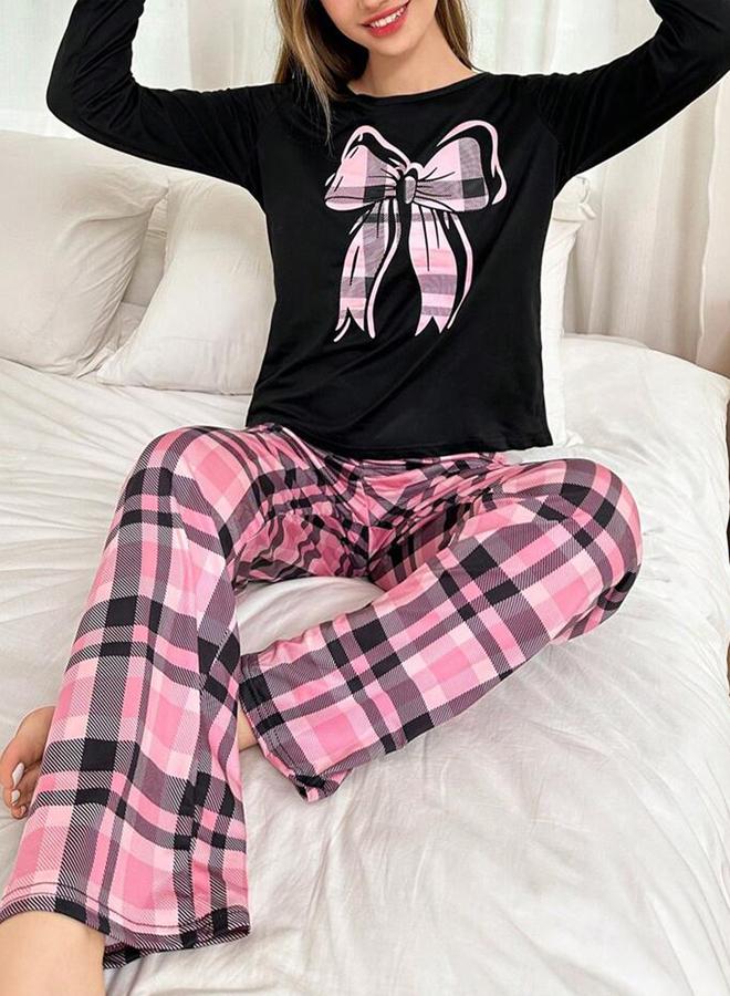Take Two Bow Print Long Sleeve T-Shirt and Checked Pyjama Set - Image 4
