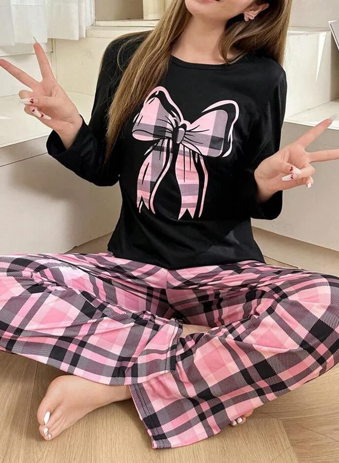 Take Two Take Two Bow Print Long Sleeve T-Shirt and Checked Pyjama Set