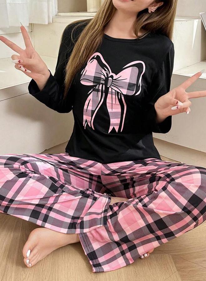 Take Two Bow Print Long Sleeve T-Shirt and Checked Pyjama Set - Image 1
