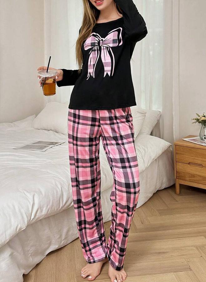 Take Two Bow Print Long Sleeve T-Shirt and Checked Pyjama Set - Image 5
