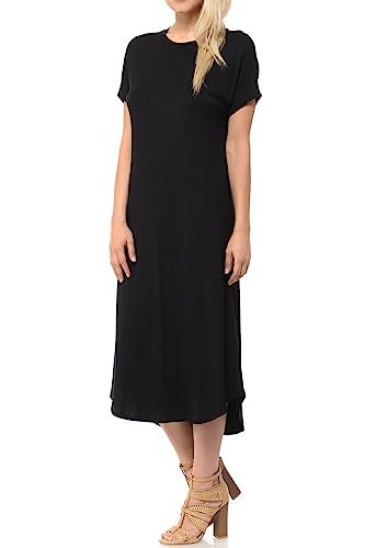 iconic luxe Women's Casual Loose-Fit Midi T-Shirt Dress – Short Sleeve, Soft Stretchy Fabric, Lightweight Large Black - Image 3