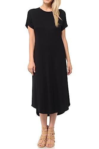 iconic luxe Women's Casual Loose-Fit Midi T-Shirt Dress – Short Sleeve, Soft Stretchy Fabric, Lightweight Large Black - Image 2