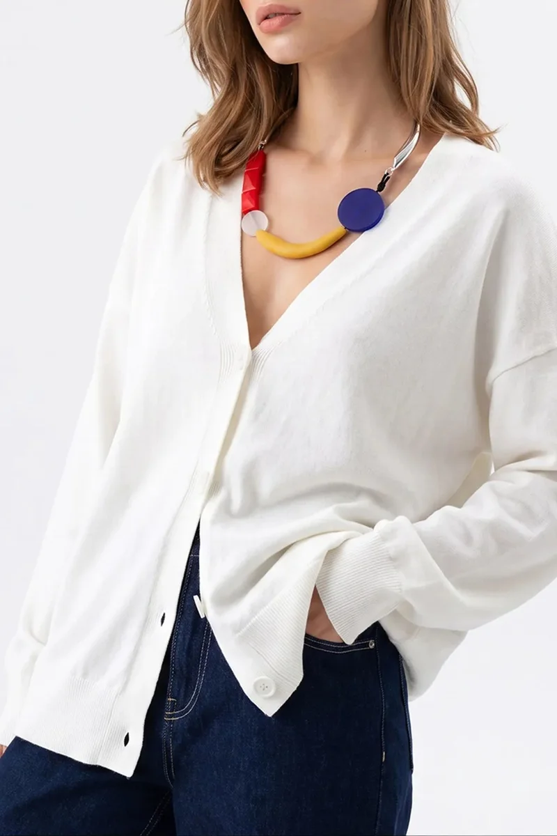 Mixray MIXRAY Long Ribbed Knitwear Cardigan with V-neck and Button Closure