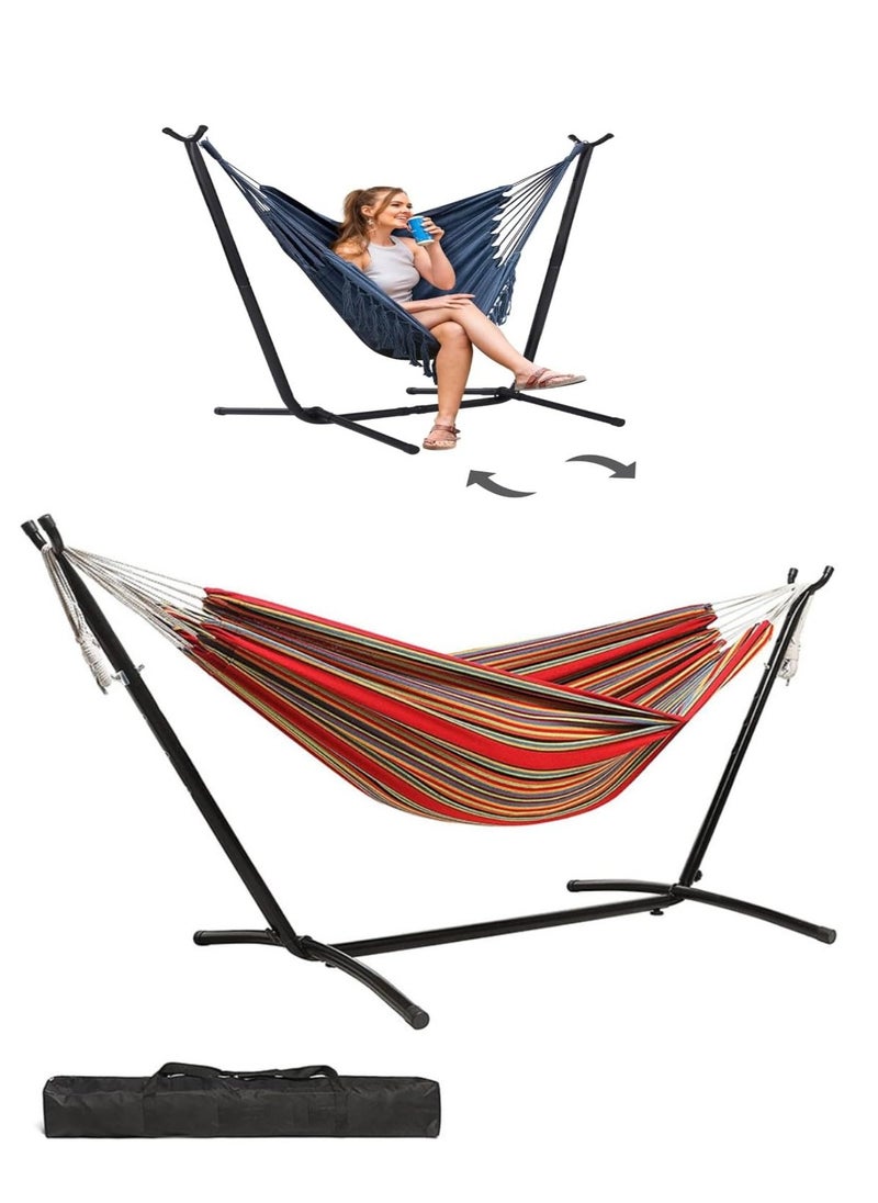 PENG GENERAL Double Cotton Hammock with Space Saving Steel Stand, Red  - Image 1