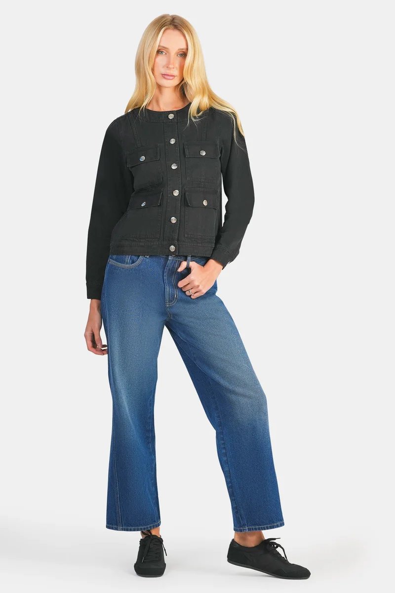 فيرجيو Solid Cotton Denim Jacket With Flap Pockets for Women