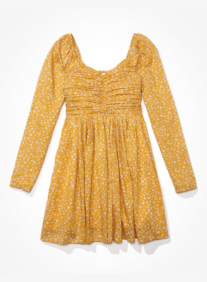 AE Floral Ruched Long-Sleeve Mini Dress