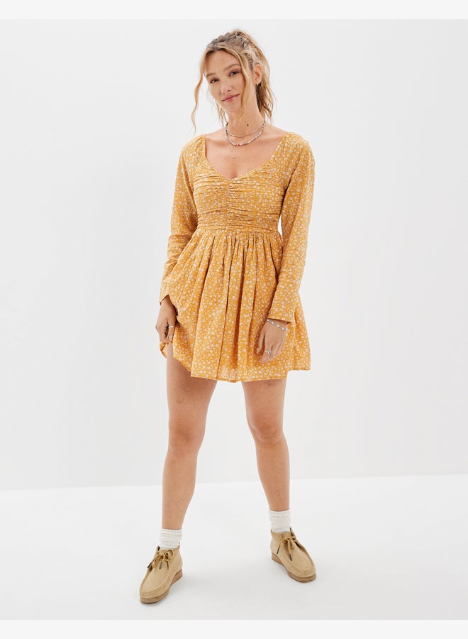 AE Floral Ruched Long-Sleeve Mini Dress
