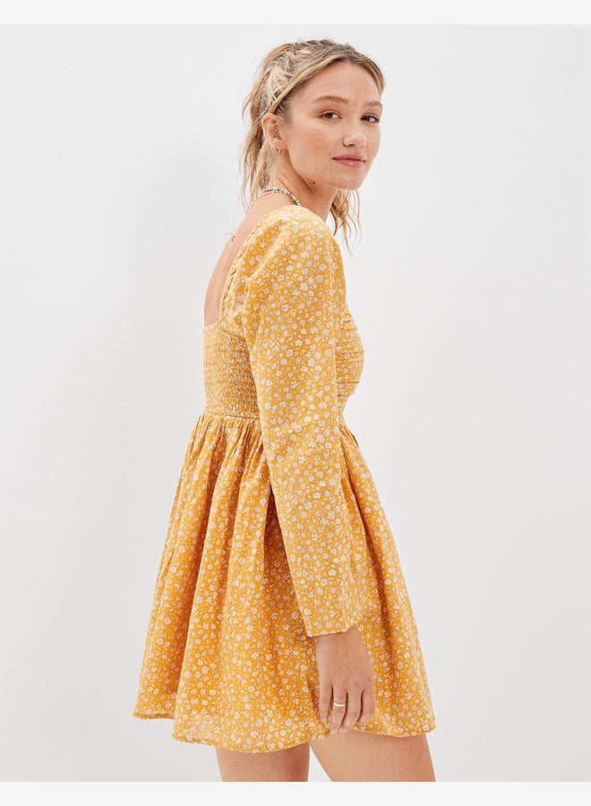 AE Floral Ruched Long-Sleeve Mini Dress