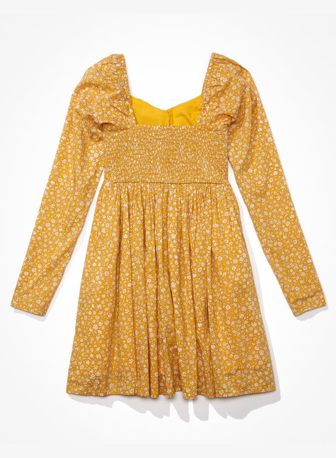 AE Floral Ruched Long-Sleeve Mini Dress