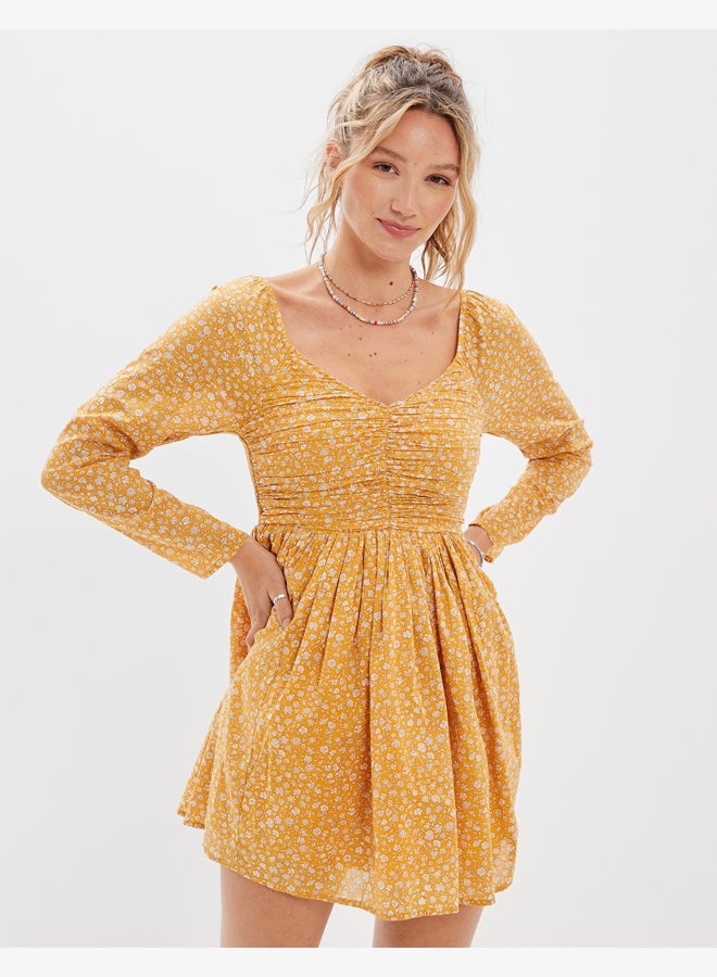 AE Floral Ruched Long-Sleeve Mini Dress