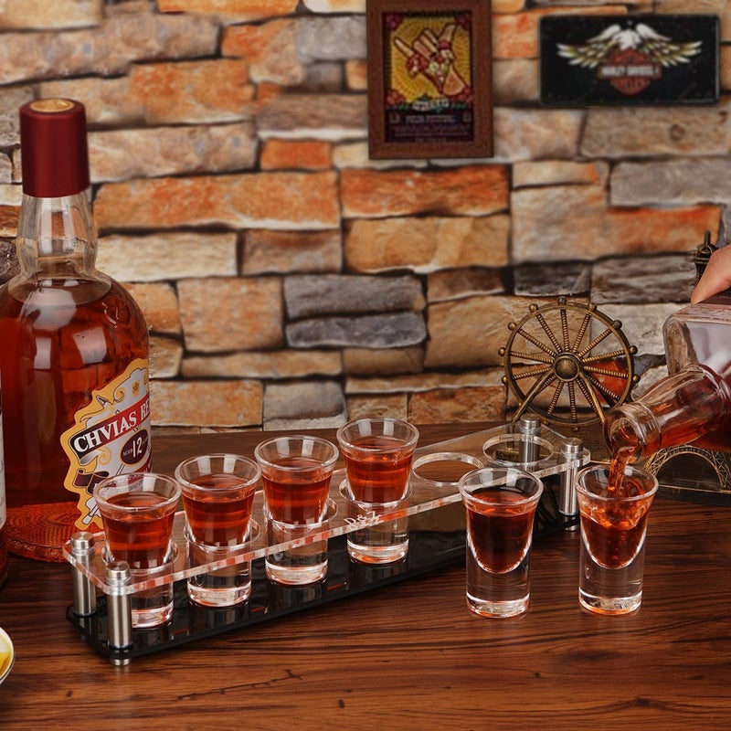 DZ Shot Glass Holder with 6 Heavy-Base Shooter Glasses, Assembled Acrylic Server for Restaurant, Bar, Family Gathering, 1 oz (30 ml) Tasting Glass for Tequila, Vodka, Whiskey, Beer, Wine, Soju - Image 2