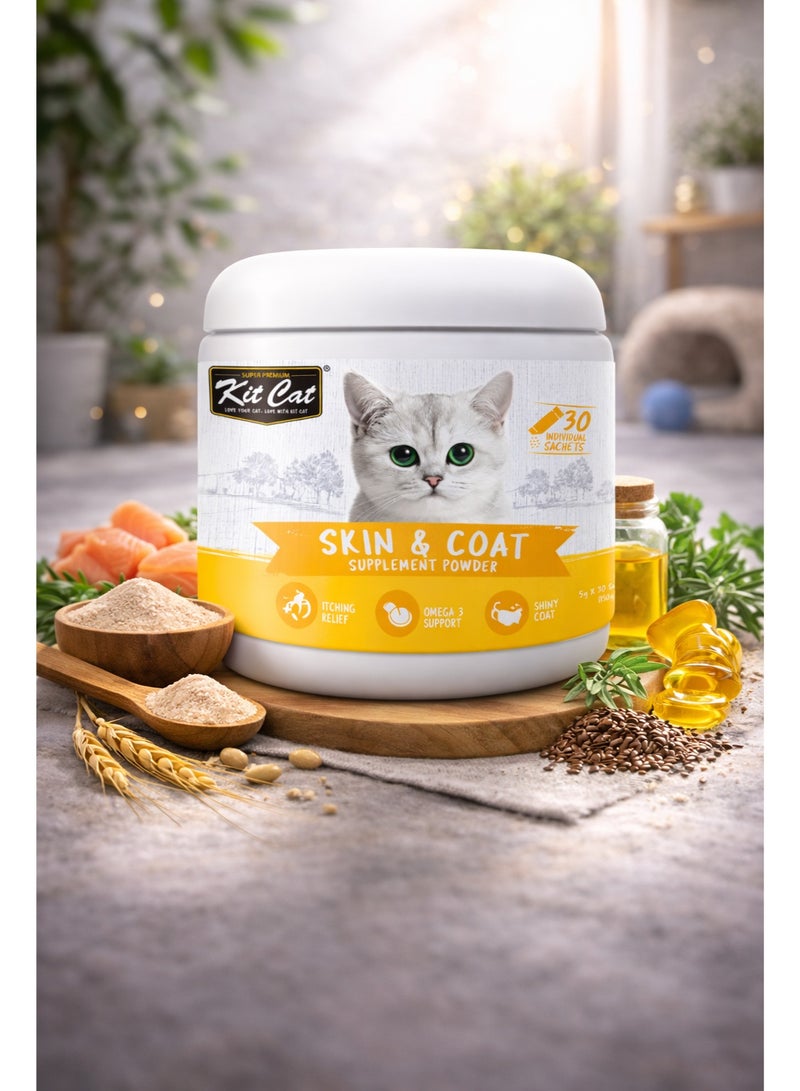 بودرة مكمل غذائي للعناية بالجلد والفرو للقطط تركيبة احترافية فائقة الجودة مع أوميجا 3 لدعم الفرو اللامع وتخفيف الحكة تحتوي على 30 مغلفاً.