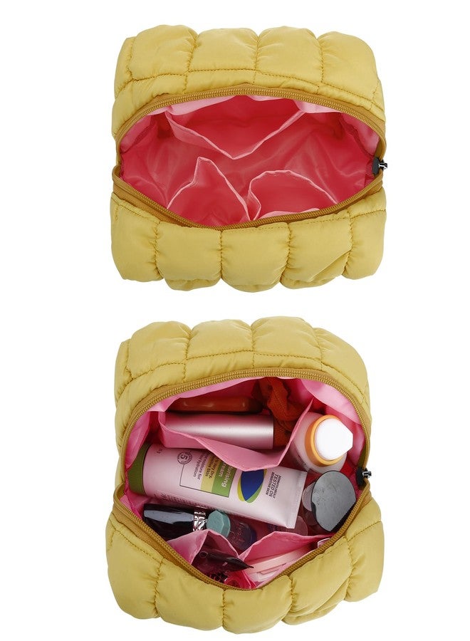 E-Tree Cute Makeup Bag,Quilted Cosmetic Bag,Make up Pouch for Purse,Toiletry Zipper Pouch,Checkered Bag,Travel Case,Storage Pouches for Organization, Yellow, 7.5“ x 5.5” x 3.5“, Quilted Cosmetic Bag - Image 5