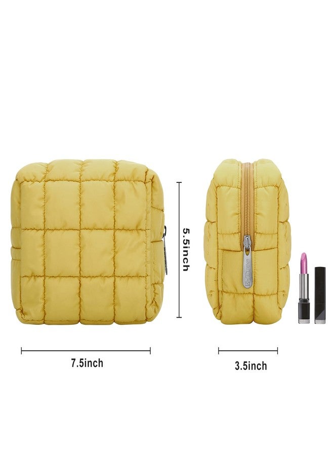 E-Tree Cute Makeup Bag,Quilted Cosmetic Bag,Make up Pouch for Purse,Toiletry Zipper Pouch,Checkered Bag,Travel Case,Storage Pouches for Organization, Yellow, 7.5“ x 5.5” x 3.5“, Quilted Cosmetic Bag - Image 2