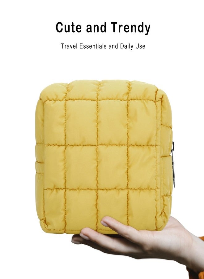 E-Tree Cute Makeup Bag,Quilted Cosmetic Bag,Make up Pouch for Purse,Toiletry Zipper Pouch,Checkered Bag,Travel Case,Storage Pouches for Organization, Yellow, 7.5“ x 5.5” x 3.5“, Quilted Cosmetic Bag - Image 3