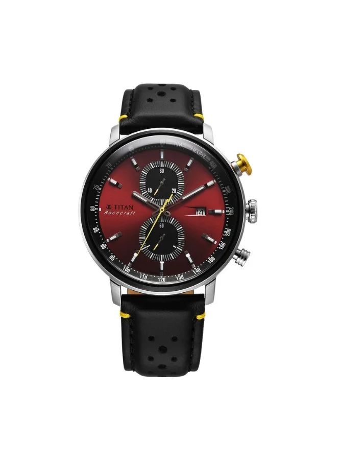 تيتان Racecraft Quartz Chronograph with Date Red Dial Black Leather Strap Watch for Men - 1857KL03