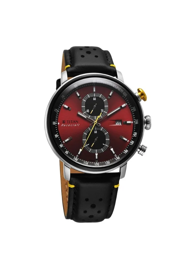 تيتان Racecraft Quartz Chronograph with Date Red Dial Black Leather Strap Watch for Men - 1857KL03