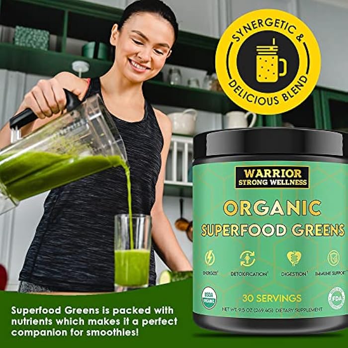 Warrior Strong Wellness Certified Organic Greens Powder - 30 Servings - Green Superfood Powder, Energy Boost Detox Drink, Fruit and Vegetable Powder, Apple Cider Vinegar, Green Tea Extract - Image 3