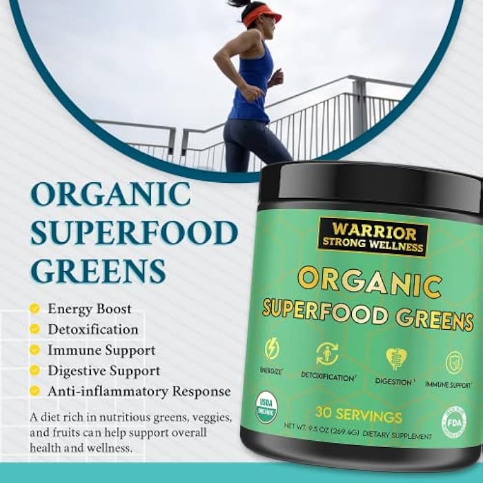 Warrior Strong Wellness Certified Organic Greens Powder - 30 Servings - Green Superfood Powder, Energy Boost Detox Drink, Fruit and Vegetable Powder, Apple Cider Vinegar, Green Tea Extract - Image 5