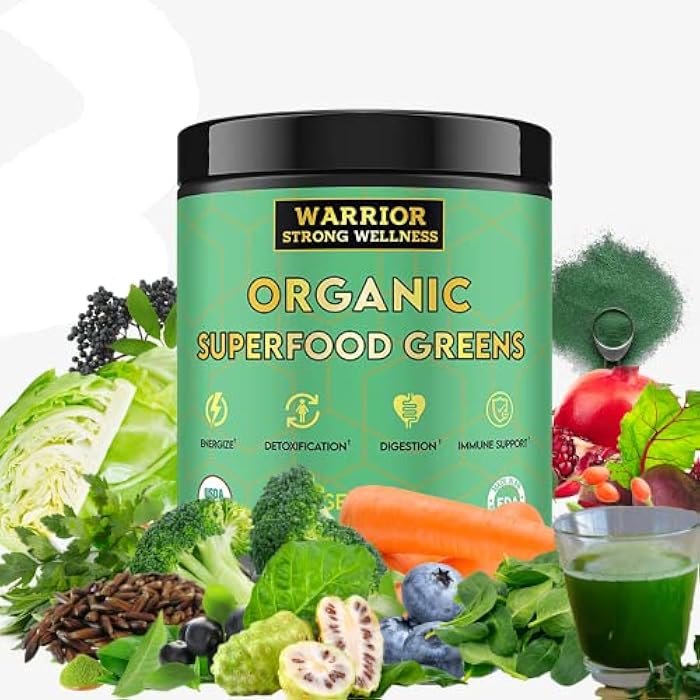 Warrior Strong Wellness Certified Organic Greens Powder - 30 Servings - Green Superfood Powder, Energy Boost Detox Drink, Fruit and Vegetable Powder, Apple Cider Vinegar, Green Tea Extract - Image 1