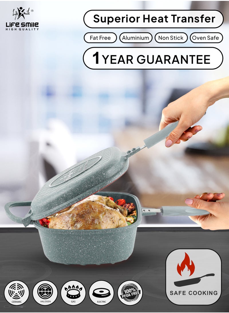 Life Smile - Smart Double  Grill Deep Frying Pan - 5 Layer Granite Non-Stick Coating With Magnetic Handle - Flipping Grill Frying Pan | Multiple Hob Compatibility - Image 1
