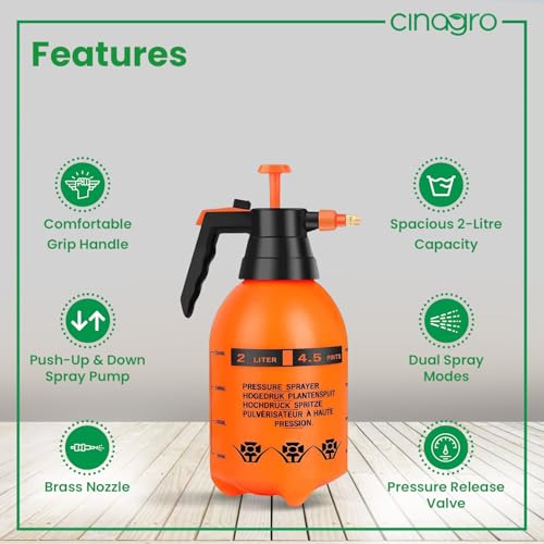 Cinagro Pressure Spray Pump (Orange 2 L), Gardening Water Pump Sprayer, Plant Water Sprayer for Home Garden, Spray Bottles for Garden Plants and Lawn, Plant Watering Can - Image 2