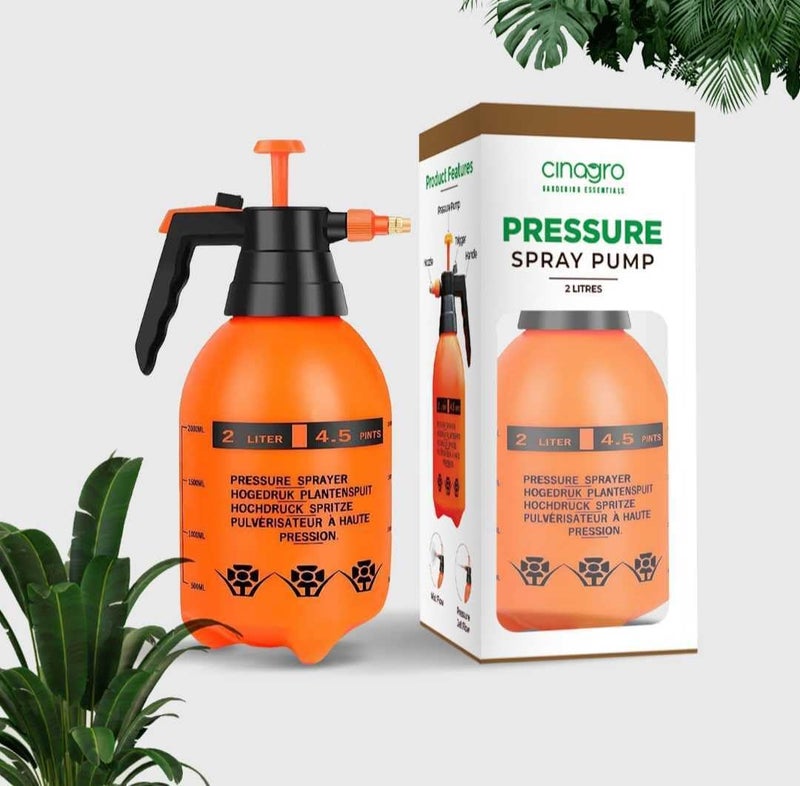 Cinagro Pressure Spray Pump (Orange 2 L), Gardening Water Pump Sprayer, Plant Water Sprayer for Home Garden, Spray Bottles for Garden Plants and Lawn, Plant Watering Can - Image 1