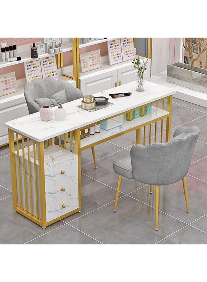 DubaiGallery 3 Tier Storage Shelves Manicure Table with White Faux Marble Top Gold Metal Frame Nail Desk Workstation Beauty Technician Desk for Home Office Kitchen and Nail Tech Makeup Beauty Spa Salon Equipment Nail Beauty Supplies Organizer  - Image 2