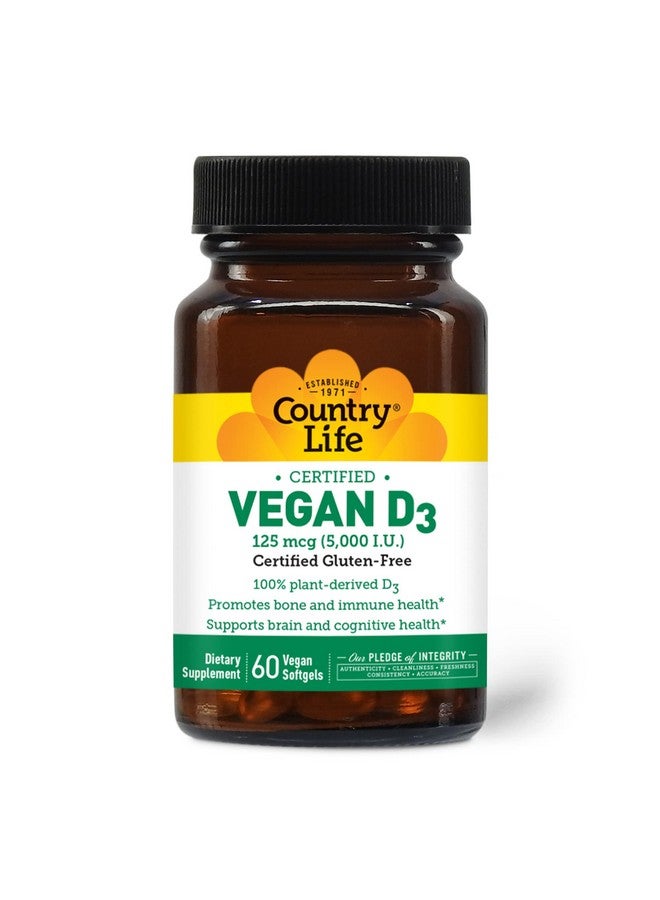 Country Life Vegan D3 5000 IU, 60 Softgels, Certified Gluten Free, Certified Vegan - Image 1