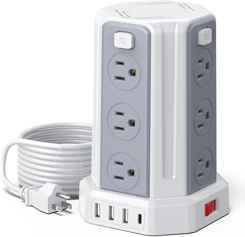 SMALLRT Power Strip Surge Protector, 10 Ft Extension Cord with 12 AC Multiple Outlets 4 USB (1 USB C), SMALLRT Power Tower Desktop Charging Station (White, 10 FT) - Image 1