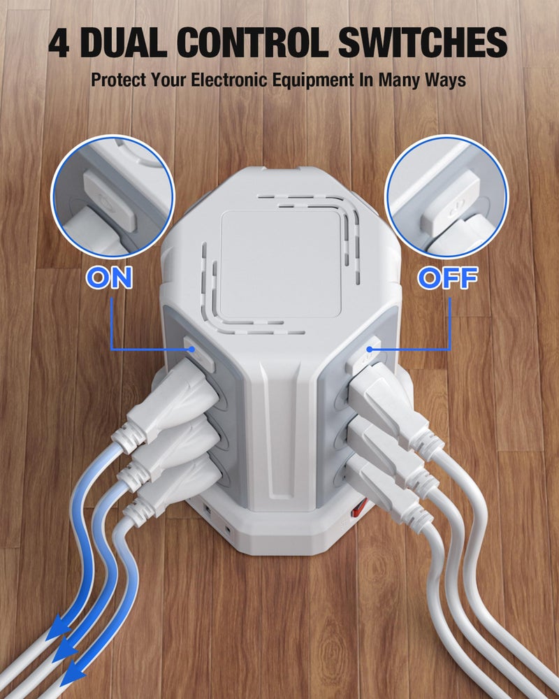 SMALLRT Power Strip Surge Protector, 10 Ft Extension Cord with 12 AC Multiple Outlets 4 USB (1 USB C), SMALLRT Power Tower Desktop Charging Station (White, 10 FT) - Image 3