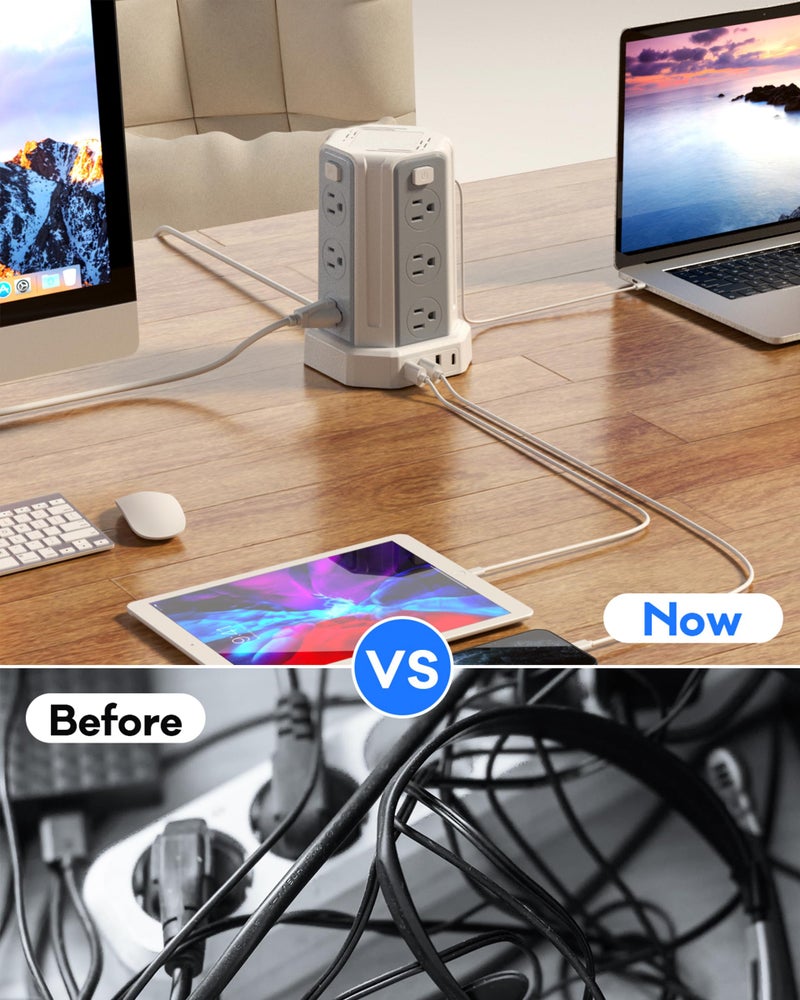 SMALLRT Power Strip Surge Protector, 10 Ft Extension Cord with 12 AC Multiple Outlets 4 USB (1 USB C), SMALLRT Power Tower Desktop Charging Station (White, 10 FT) - Image 4